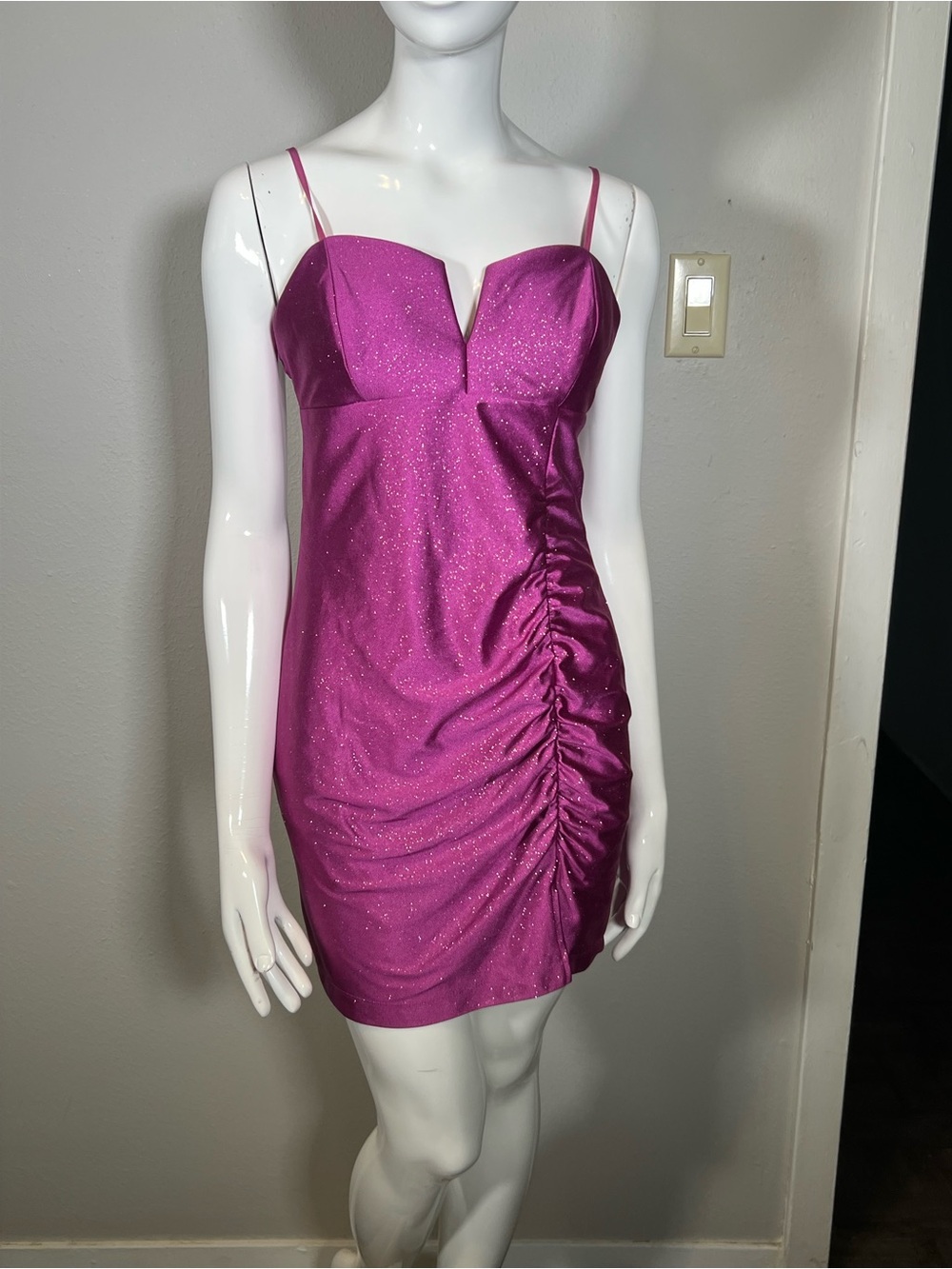 Honey and Rosie Glittered Magenta Ruched Slip Mini Dress
